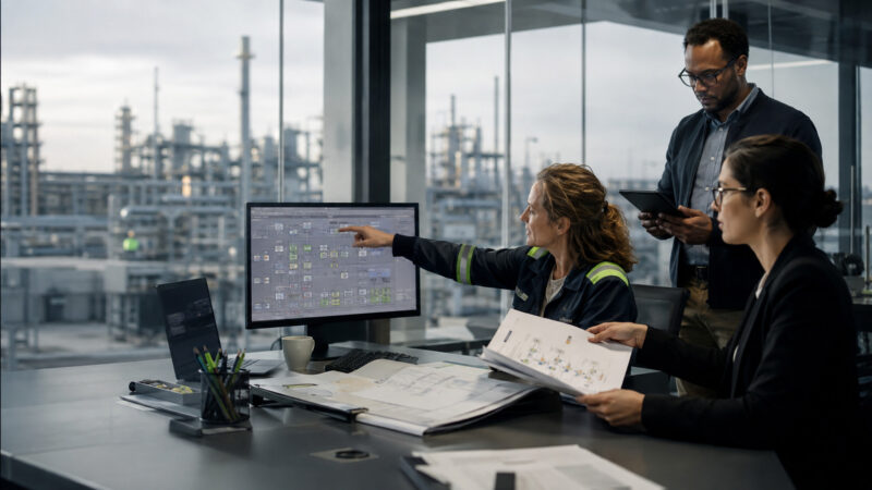 Equipa num escritório com vista industrial a trabalhar numa plataforma desatualizada