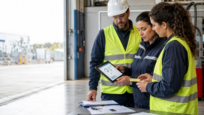 Equipa com capacetes a consultar uma plataforma inteligente num tablet num armazém