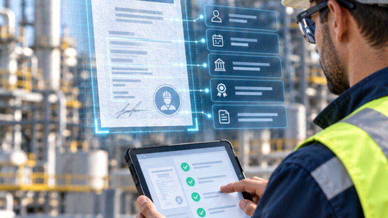 Técnico com capacete a analisar um documento digitalizado e os requisitos extraídos num tablet