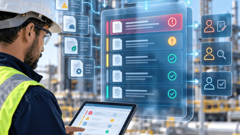 Técnico com capacete numa obra industrial a gerir segurança, ambiente e conformidade num tablet