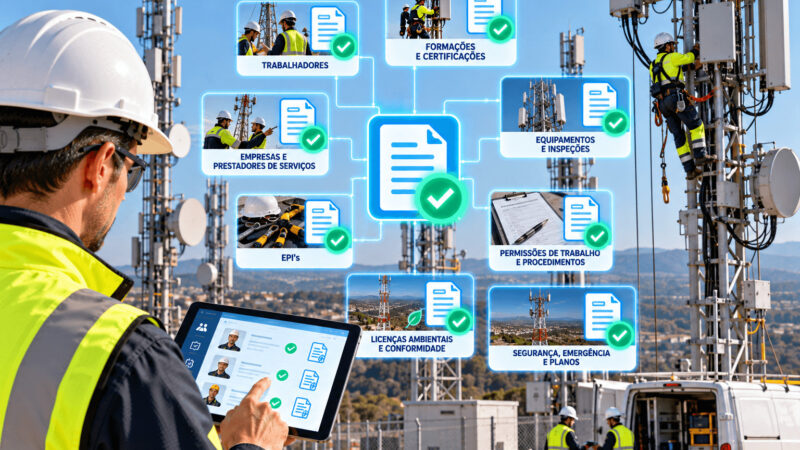 Técnico numa infraestrutura de telecomunicações a acompanhar a adoção de uma plataforma HSE