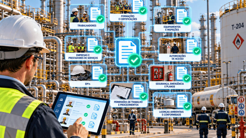 Técnico numa refinaria a transformar dados HSE em decisões operacionais