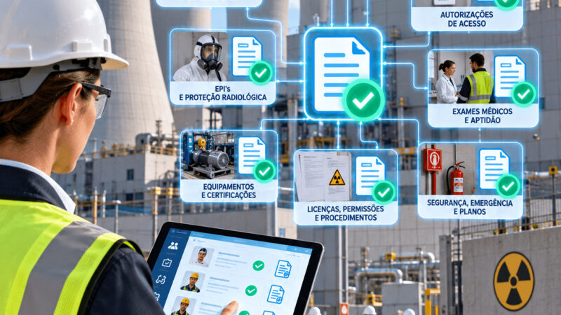 Técnico numa central nuclear a verificar a conformidade documental num tablet
