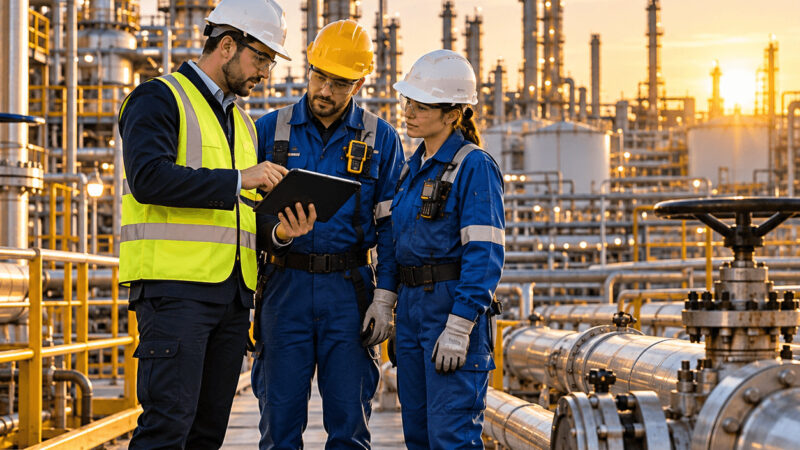 Equipa industrial a trabalhar em conjunto ao pôr do sol