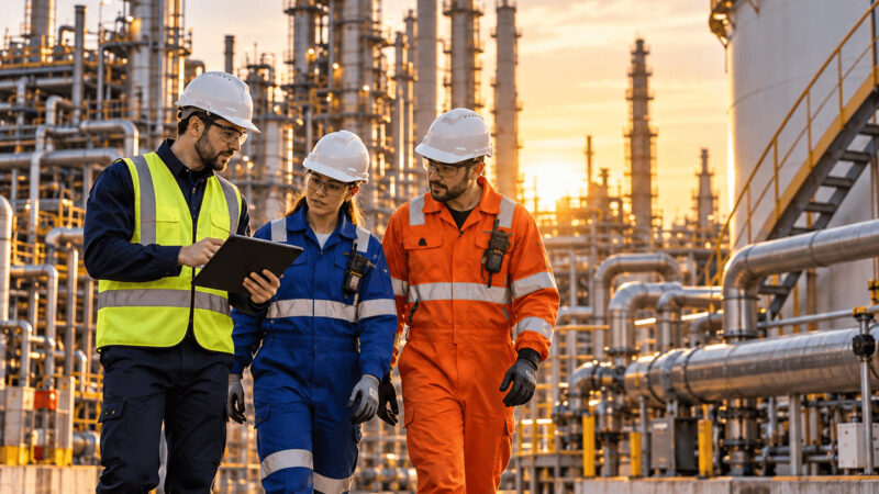 Equipa de segurança e prestadores de serviços numa refinaria ao pôr do sol