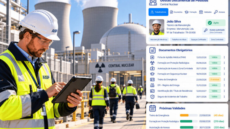 Técnico numa central nuclear a validar no tablet a documentação de pessoas e empresas