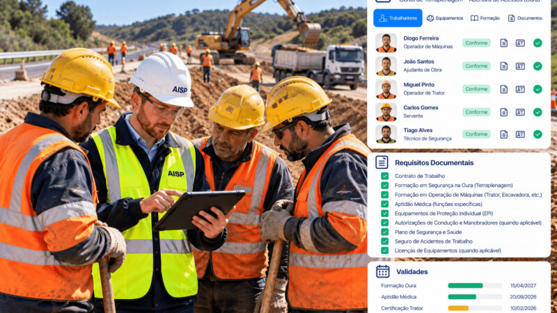 Técnicos HSE com tablet numa obra de terraplenagem