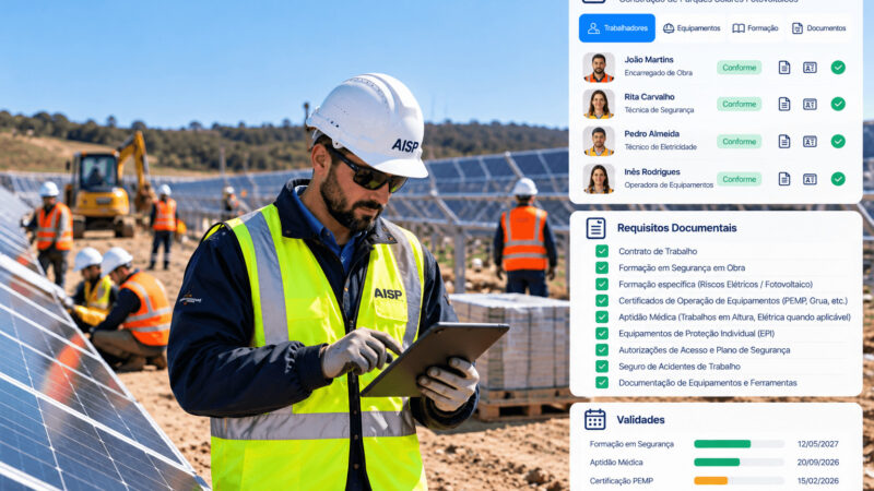Técnico HSE com tablet a verificar requisitos documentais num parque solar