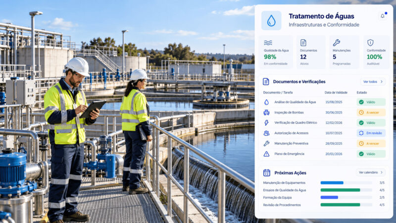 Técnicos numa estação de tratamento de água a consultar registos ambientais