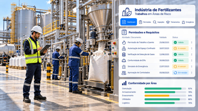 Técnico numa fábrica a validar documentos numa plataforma