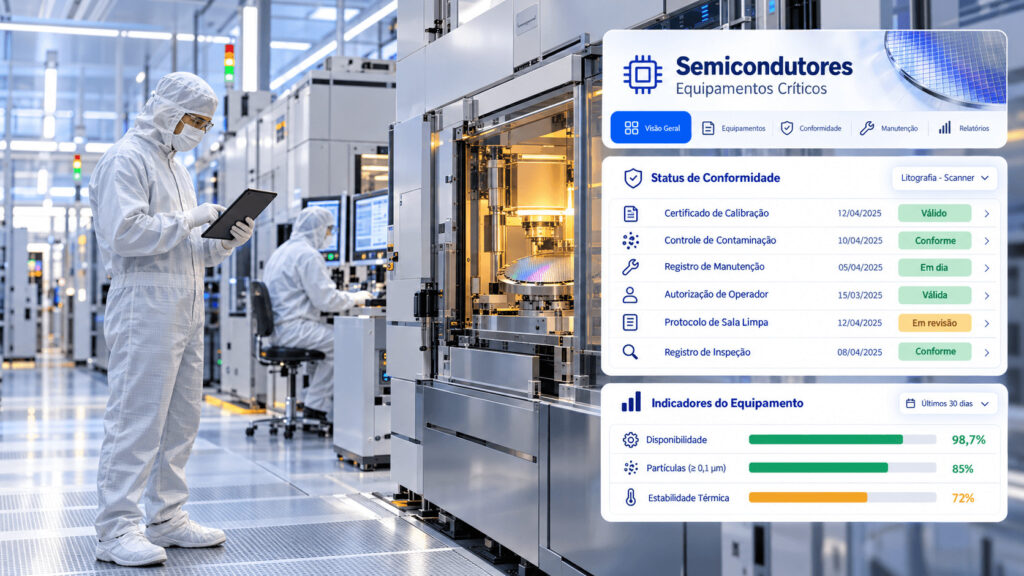 Técnicos numa sala limpa de alta tecnologia com plataforma de gestão documental