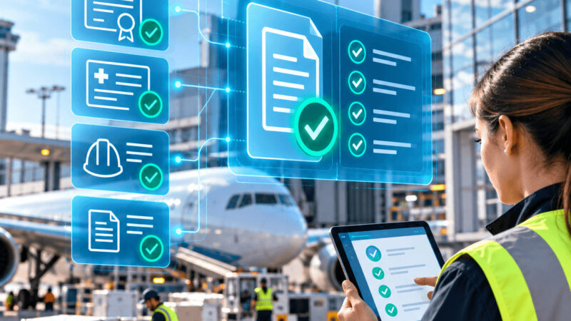 Técnica de assistência em pista num aeroporto a usar uma plataforma HSE no terreno