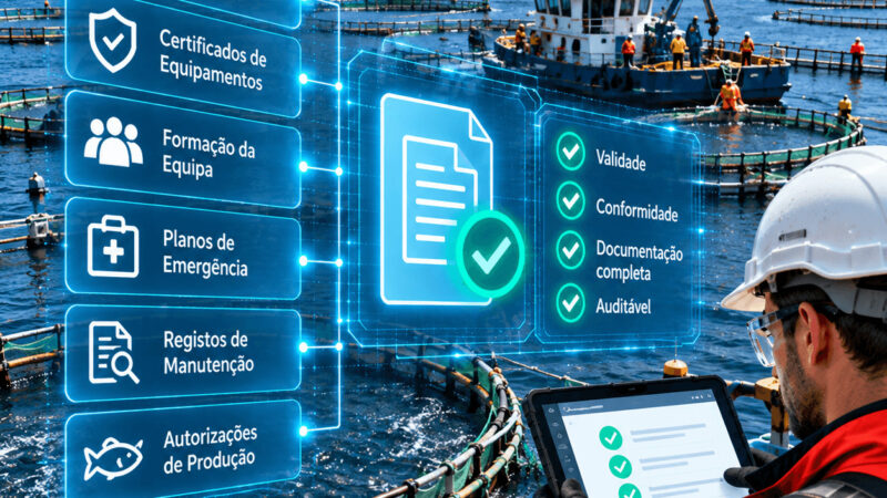 Técnico numa exploração de aquacultura a analisar dados HSE num tablet