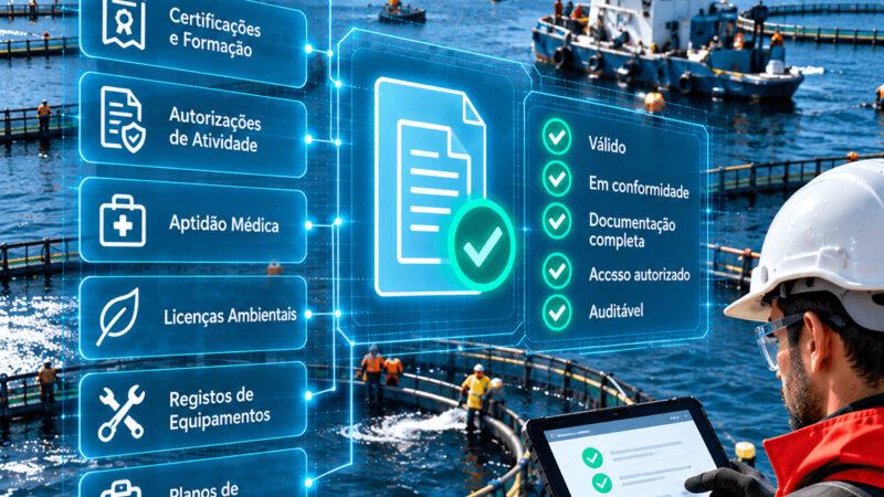 Técnico numa exploração de aquacultura a validar requisitos documentais de prestadores num tablet