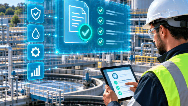 Técnico numa estação de tratamento de água a validar documentação digital