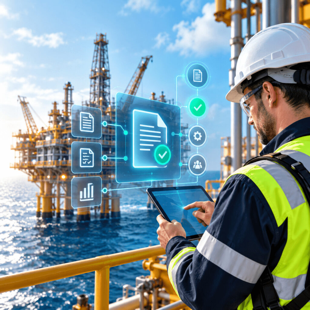 Técnico numa plataforma offshore a consultar documentação HSE num tablet