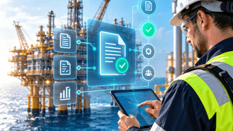 Técnico numa plataforma offshore a consultar documentação HSE num tablet