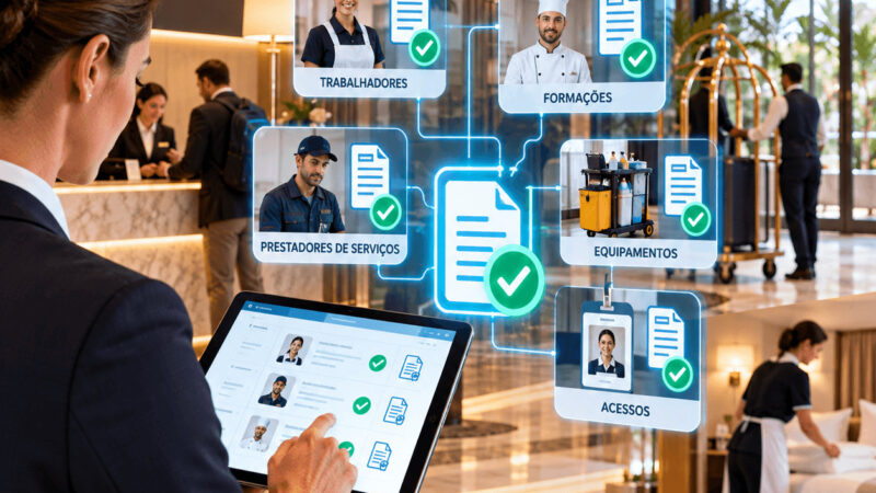 Responsável de hotel a utilizar uma plataforma documental num tablet após formação